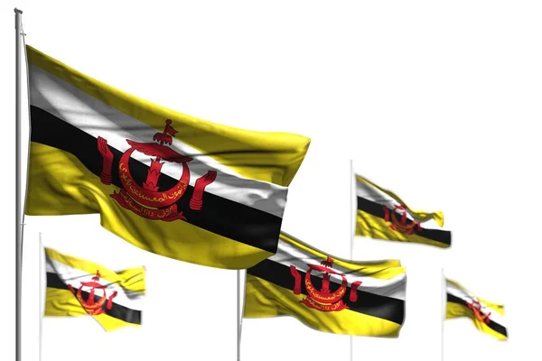 Mooie vijf vlaggen van Brunei Darussalam zwaaien geïsoleerd op wit - foto met selectieve focus - elke gelegenheid vlag 3d illustratie — Stockfoto