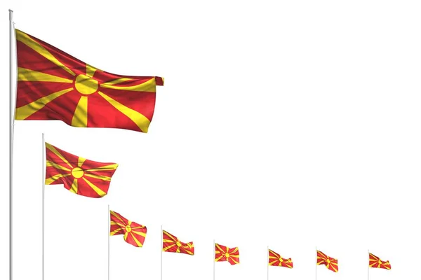Πάρα πολλές σημαίες της Μακεδονίας τοποθετημένες διαγώνια απομονωμένες σε λευκό με χώρο για κείμενο - οποιαδήποτε εικονογράφηση 3d σημαίας γιορτής — Φωτογραφία Αρχείου