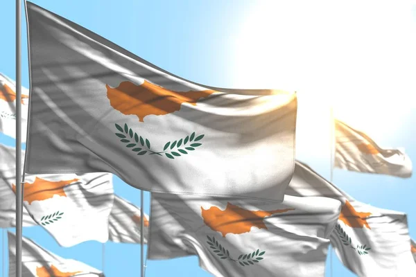 wonderful many Cyprus flags are wave against blue sky illustration with bokeh - any feast flag 3d illustration