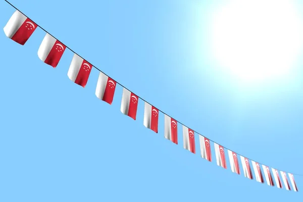 Bastantes banderas de Singapur o pancartas cuelga diagonal en la cadena en el fondo del cielo azul con enfoque suave - cualquier ocasión bandera 3d ilustración —  Fotos de Stock