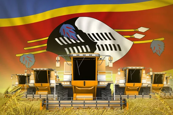 Industriële 3d illustratie van een aantal gele landbouw combineren oogstmachines op tarweveld met Swaziland vlag achtergrond - front view, stoppen met verhongeren concept — Stockfoto
