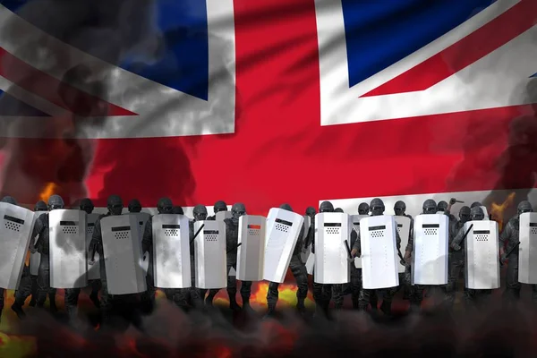 United Kingdom (UK) police special forces in heavy smoke and fire protecting peaceful people against revolt - protest fighting concept, military 3D Illustration on flag background — Stock Photo, Image