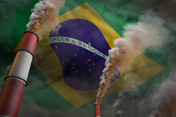 Brazil pollution fight concept - two large industrial chimneys with dense smoke on flag background, industrial 3D illustration — 스톡 사진