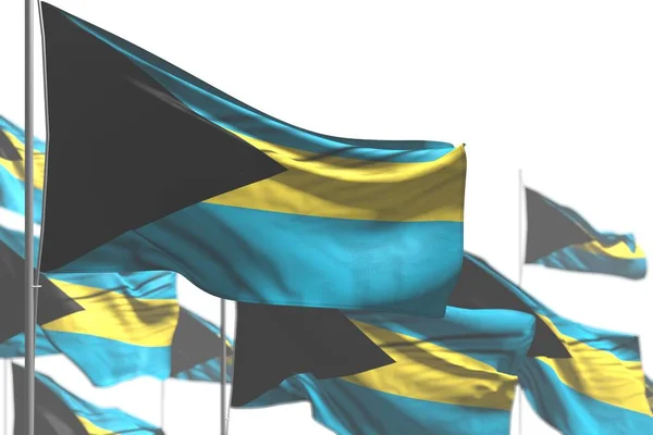Bonito muitas bandeiras Bahamas estão acenando isolado no branco - imagem com foco suave - qualquer ocasião bandeira ilustração 3d — Fotografia de Stock