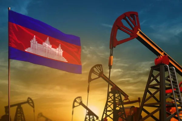 Camboya concepto de la industria petrolera. Ilustración industrial - Bandera de Camboya y pozos de petróleo sobre el fondo azul y amarillo del cielo al atardecer - Ilustración 3D — Foto de Stock