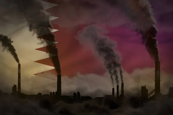 Σκοτεινή ρύπανση, καταπολέμηση της κλιματικής αλλαγής έννοια - καμινάδες εργοστάσιο βαρύ καπνό σε φόντο σημαία Κατάρ - βιομηχανική 3d εικονογράφηση — Φωτογραφία Αρχείου