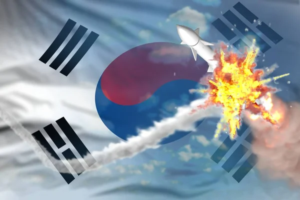 Rakieta strategiczna zniszczona w powietrzu, Republika Korei (Korea Południowa) naddźwiękowa koncepcja ochrony przeciwrakietowej - militarna broń przeciwrakietowa przemysłowa ilustracja 3D — Zdjęcie stockowe