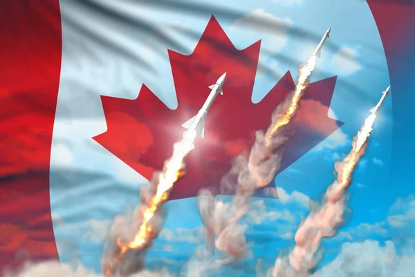 Canada Nuklearsprengkopf-Start - modernes Konzept für strategische Atomraketen auf blauem Himmel, militärisch-industrielle 3D-Illustration mit Flagge — Stockfoto