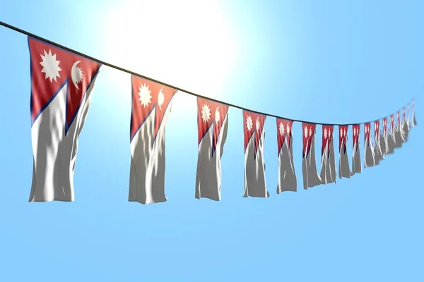 Симпатичные многочисленные непальские флаги или флаги, висящие на струнах на голубом фоне неба с боке - любая праздничная иллюстрация 3d — стоковое фото