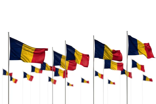 Søde Tchad isolerede flag placeret i række med bokeh og plads til dit indhold enhver fest flag 3d illustration - Stock-foto