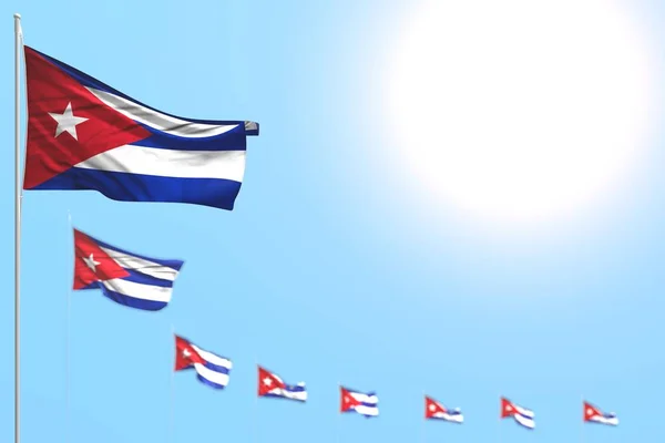 Wonderful many Cuba flags placed diagonal with bokeh and free space for text - any feast flag 3d illustration — 스톡 사진