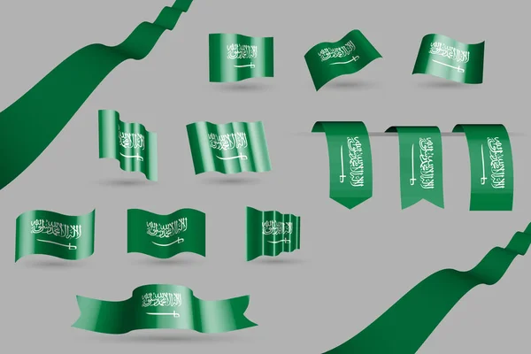 许多沙特阿拉伯国旗 飘扬的横幅和印有绿色旗帜的书签 国歌的白色矢量插图 国旗日或任何全国性庆祝活动 — 图库矢量图片