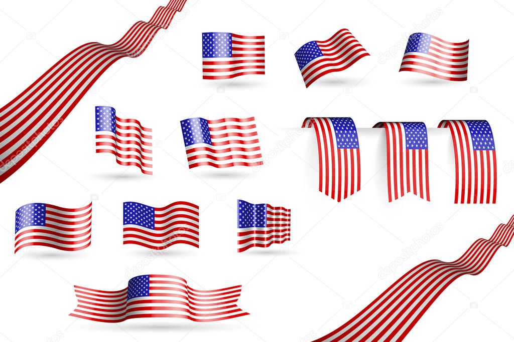 Many USA flags, waving banners and bookmarks in the colors of the flag blue, red, white - vector illustration for anthem, flag day or any national celebration