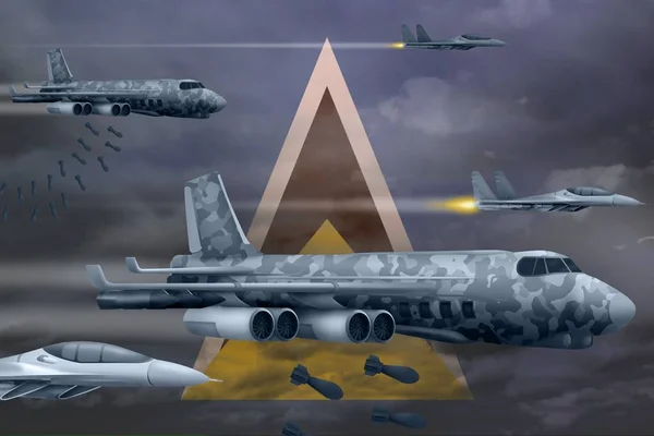 Luftstreitkräfte bombardieren das Konzept. Flugzeuge der Armee werfen Bomben auf Flaggen ab. 3D-Illustration — Stockfoto