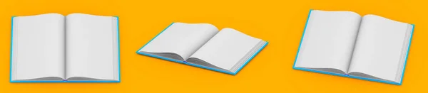 Ładny bardzo szczegółowy niebieski otwarta książka, koncepcja dzień wiedzy izolowane na pomarańczowym tle - 3d ilustracja obiektu — Zdjęcie stockowe
