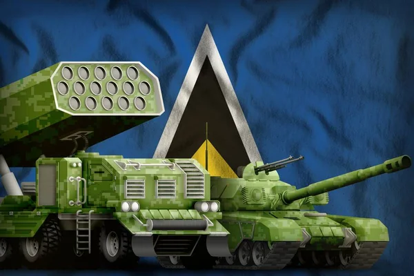 Saint Lucia heavy military armored vehicles concept on the national flag background. 3d Illustration