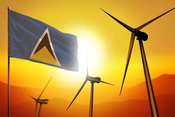 Saint Lucia wind energy, alternative energy environment concept with wind turbines and flag on sunset industrial illustration - renewable alternative energy, 3D illustration