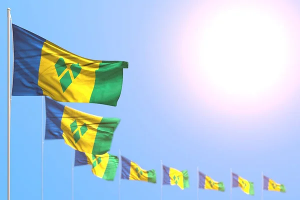 Nice many Saint Vincent and the Grenadines flags placed diagonal with soft focus and free space for your text - any celebration flag 3d illustration — Stock Photo, Image