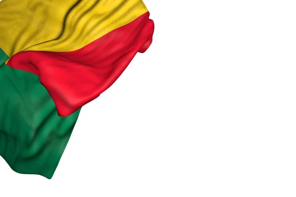 Maravilhosa bandeira Benin com grandes dobras encontram-se no canto superior esquerdo isolado no branco - qualquer bandeira de férias ilustração 3d — Fotografia de Stock