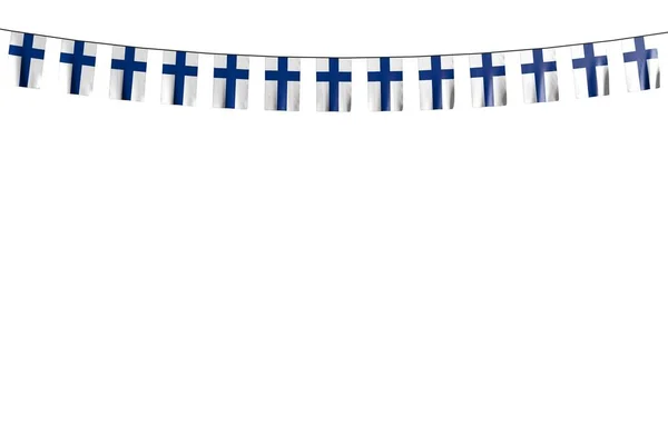 Lindo muchas banderas de Finlandia o pancartas cuelga en la cuerda aislada en blanco - cualquier celebración bandera 3d ilustración — Foto de Stock