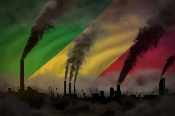 Dunkle Umweltverschmutzung, Kampf gegen den Klimawandel - Pflanzenpfeifen dichter Rauch auf Kongo-Flagge Hintergrund - industrielle 3D-Illustration — Stockfoto