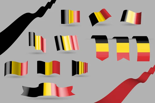 Muchas Banderas Bélgica Banderas Ondeando Marcadores Los Colores Bandera Negro — Vector de stock
