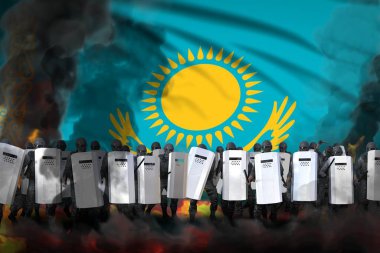 Kazakistan polisi ayaklanmalara karşı barışçıl insanları korumak için ağır duman ve ateş püskürttü - protesto durdurma konsepti, bayrak arka planında askeri 3 boyutlu illüstrasyon