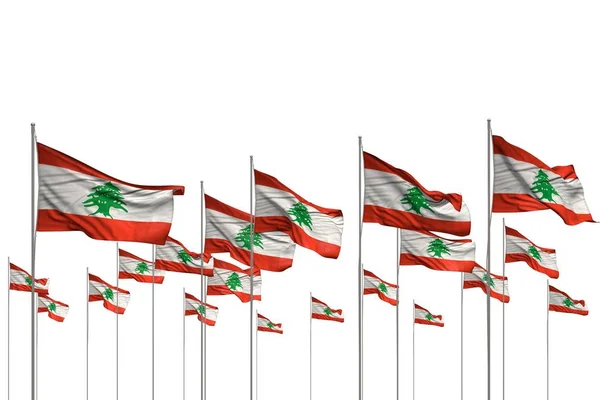 Beautiful many Lebanon flags in a row isolated on white with empty place for text - any occasion flag 3d illustration — 스톡 사진