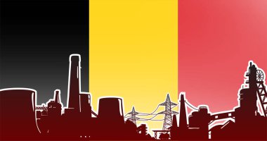 Belçika 'nın ağır sanayii - elektrik santrali, fabrika ve maden tesisi ile kırmızıya boyanmış vektör illüstrasyonu- bayrak arka planında siyah, sarı, kırmızı renkler