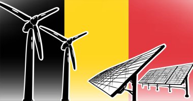 Belçika için alternatif enerji vektörü kavramı - bayrak arka planında rüzgar türbinleri ve güneş panelleri, kullanılan siyah, sarı, kırmızı renkler