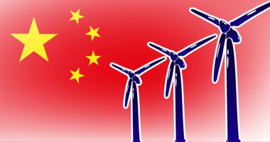 Çin vektör ilüstrasyonunda rüzgar alternatif enerjisi - bayrak arka planında rüzgar jeneratörü kırmızı, sarı