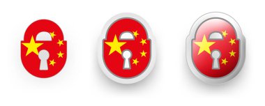 Çin 'in 3 vektör etiketi - kilitlenmiş asma kilit, düz ve hacim biçimi bayrak rengi kırmızı, poster için sarı, el ilanı için sarı,