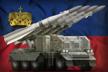 Arktik kamuflajlı taktik kısa menzilli balistik füze, Lihtenştayn ulusal bayrağında. 3d Görüntü