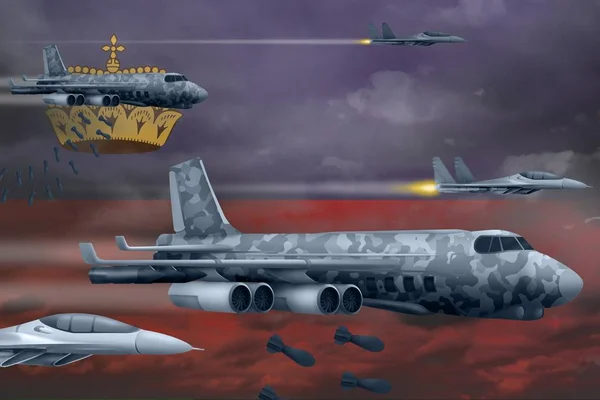 Concepto de ataque de las fuerzas aéreas de Liechtenstein. Los aviones del ejército de Liechtenstein lanzan bombas sobre el fondo de la bandera. Ilustración 3d —  Fotos de Stock
