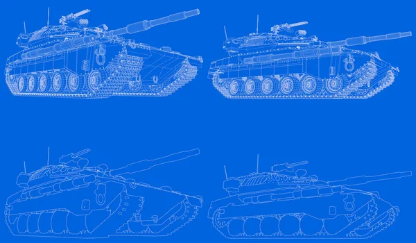 Military 3D Illustration of drawn blue print - outlined isolated 3D tank with not existing design, highly detailed patriotism concept — Stock Photo, Image