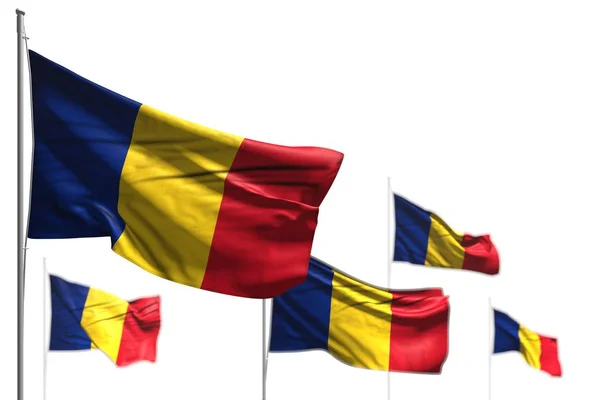 Bonito cinco bandeiras da Roménia são onda isolada em branco - imagem com foco suave - qualquer ocasião bandeira ilustração 3d — Fotografia de Stock