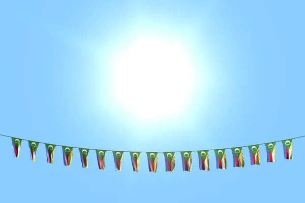 Schön viele comoros Flaggen oder Banner hängt an einer Schnur auf blauem Himmel Hintergrund - jede Feier Flagge 3d Illustration — Stockfoto