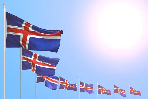 Mignon de nombreux drapeaux d'Islande placés en diagonale sur le ciel bleu avec de l'espace pour votre texte - n'importe quel drapeau de fête illustration 3D — Photo