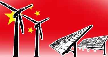 Çin için alternatif enerji vektörü kavramı - bayrak arka planında rüzgar türbinleri ve güneş panelleri, kullanılan kırmızı, sarı renkler