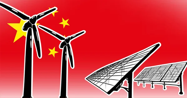 Alternatives Energievektorkonzept Für China Windkraftanlagen Und Sonnenkollektoren Auf Fahnenhintergrund Verwendete — Stockvektor