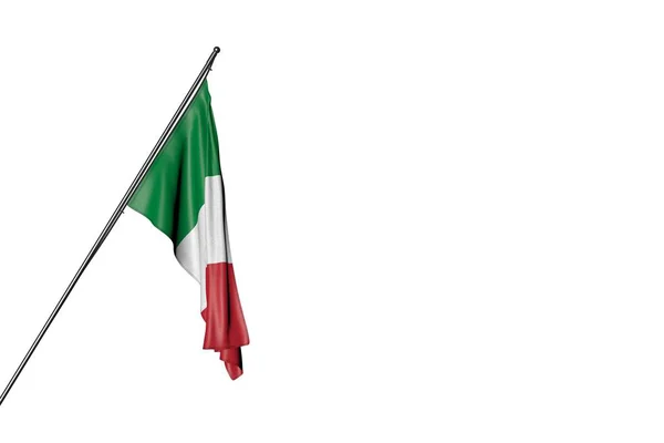 Magnifique drapeau d'Italie accroché sur un poteau diagonal isolé sur blanc - tout drapeau de vacances illustration 3D — Photo