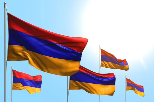 Maravilhoso 5 bandeiras da Armênia são onda no fundo do céu azul - qualquer bandeira celebração ilustração 3d — Fotografia de Stock