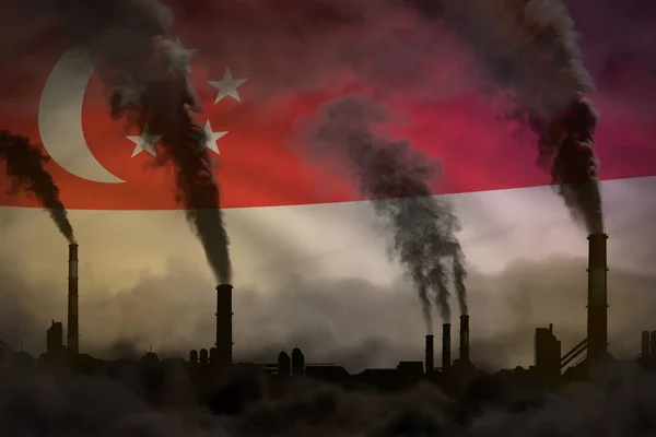 Pollution sombre, lutte contre le changement climatique concept illustration 3D industrielle de tuyaux d'usine fumée lourde sur fond drapeau de Singapour — Photo