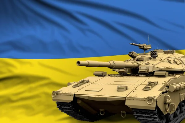 Tanque pesado con diseño ficticio en el fondo de la bandera de Ucrania - moderno concepto de fuerzas del ejército de tanques, Ilustración 3D militar — Foto de Stock