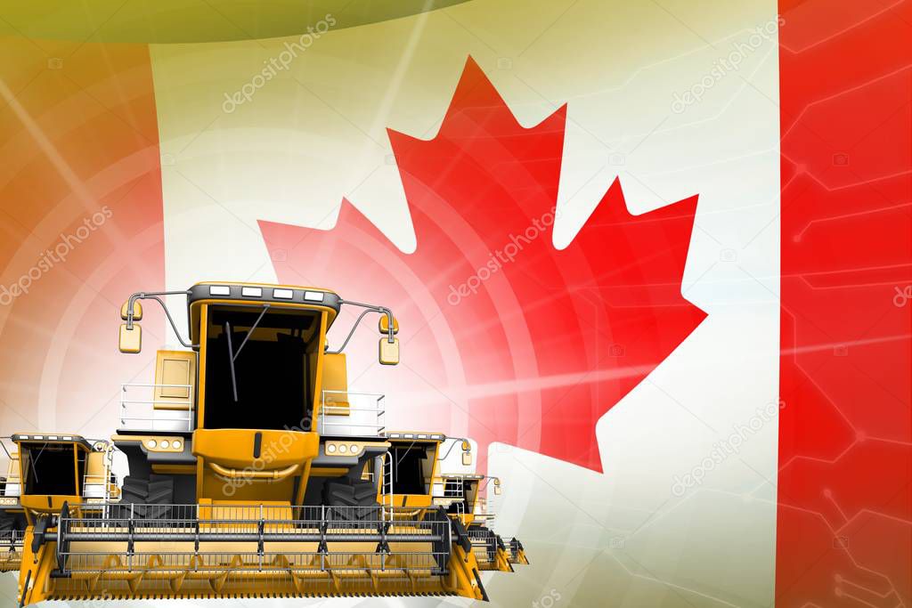 Farm machinery modernisation concept, yellow modern rye combine harvesters on Canada flag - digital industrial 3D illustration