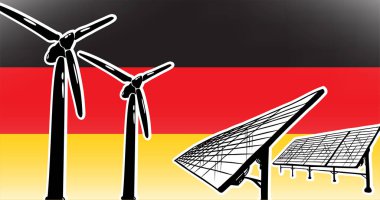 Almanya için alternatif enerji vektörü kavramı - bayrak arka planında rüzgar türbinleri ve güneş panelleri, kullanılan siyah, kırmızı, sarı renkler