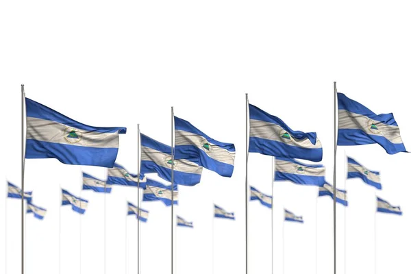 Υπέροχη Νικαράγουα απομονωμένες σημαίες τοποθετούνται στη σειρά με bokeh και χώρο για το κείμενό σας - κάθε σημαία διακοπών 3d εικονογράφηση — Φωτογραφία Αρχείου