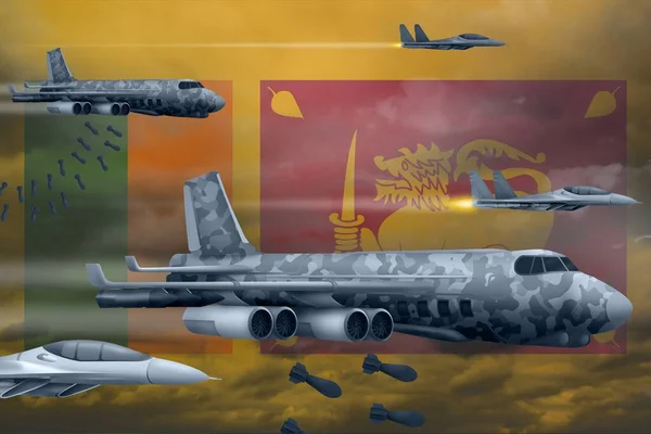 Koncept bombardování letectva na Srí Lance. Srí Lanka armádní letadla shazují bomby na pozadí vlajky. 3D ilustrace — Stock fotografie