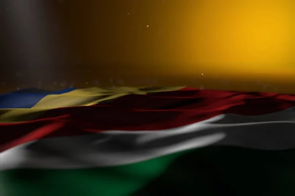 Belle photo sombre du drapeau des Seychelles se trouvent sur fond jaune avec mise au point douce et place vide pour le texte - tout drapeau de célébration illustration 3D — Photo