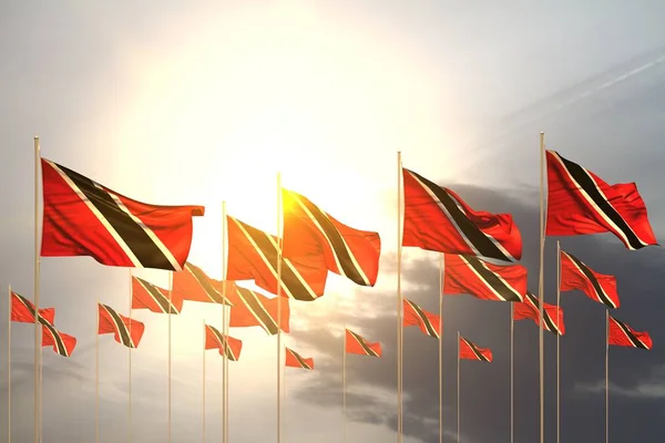 Mignon de nombreux drapeaux Trinité-et-Tobago dans une rangée sur le coucher du soleil avec place libre pour votre contenu - tout drapeau de vacances illustration 3d — Photo